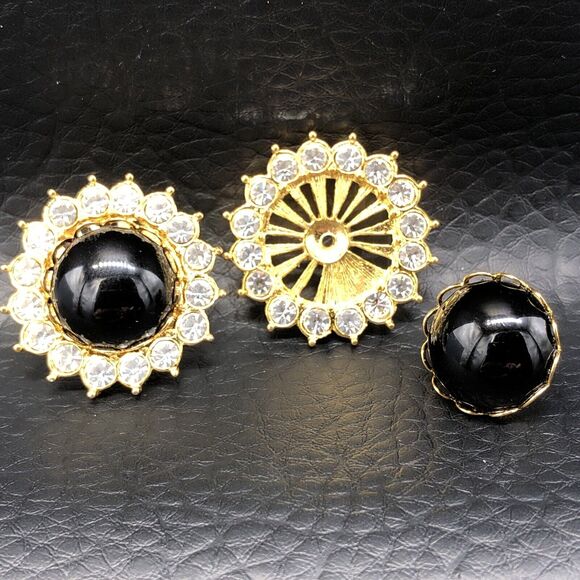 Vintage Joan Rivers Earrings Convertible Rhinestone Frame Black Dome Posts - Picture 4 of 10